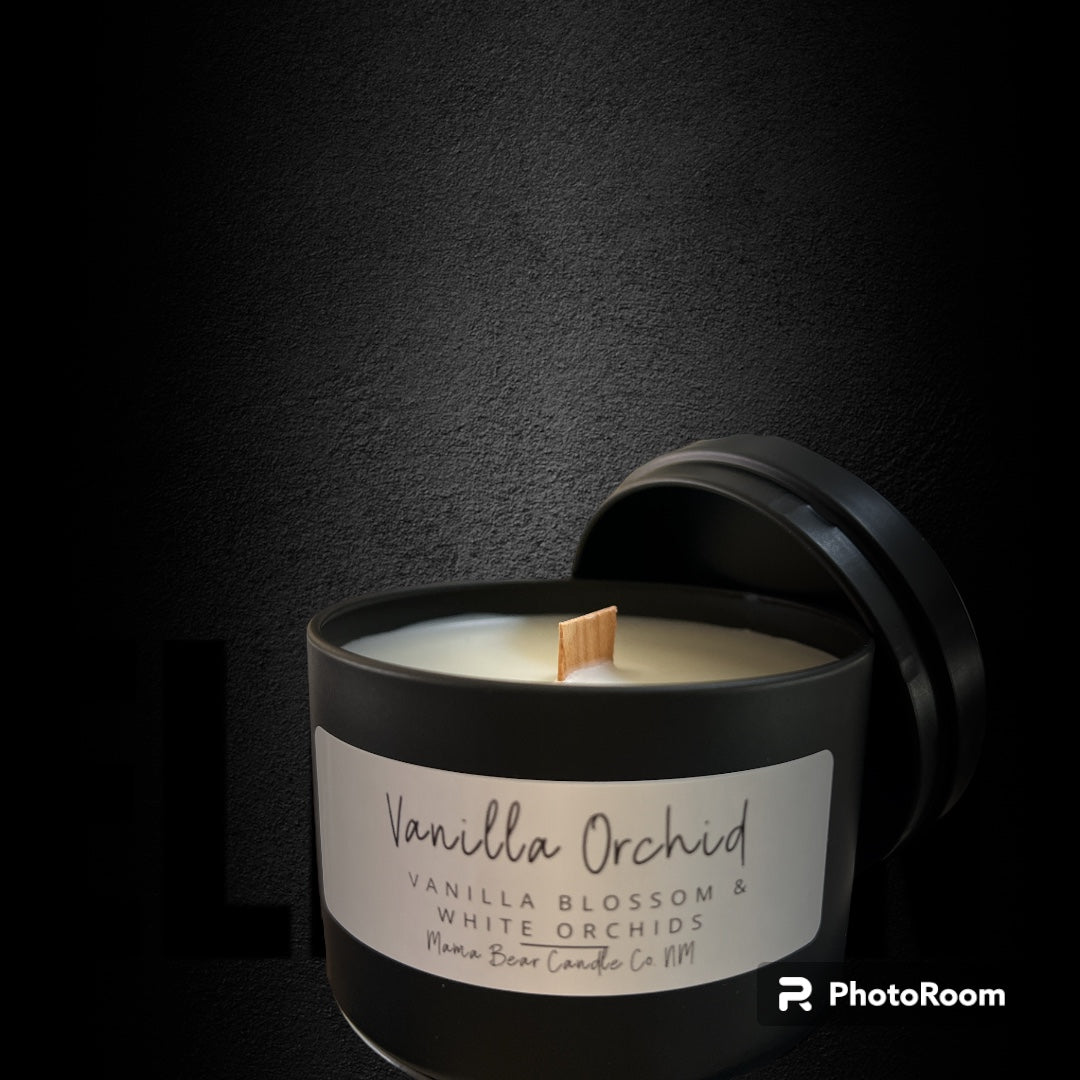 8 oz Wood wick Vanilla Orchid black tin